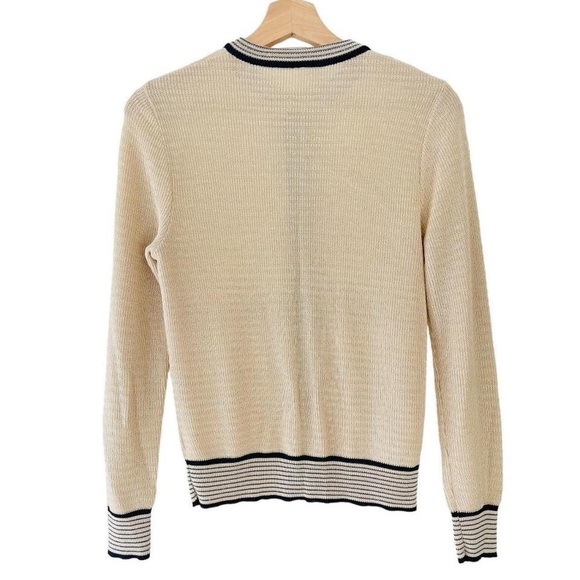 Vintage Retro Cream Ivory Tone Button Down Cardigan w/ Navy Blue Striped Accents - Picture 2 of 5